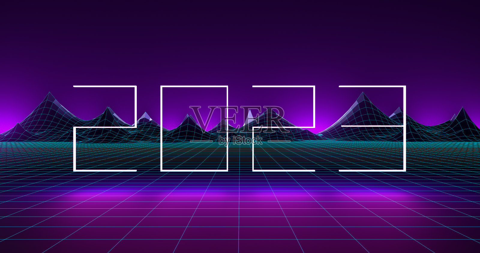 数字2023的3d插图上面的1980年的复古空间透视网格彩色霓虹效果。复古的贺卡。2023年新年快乐。照片摄影图片