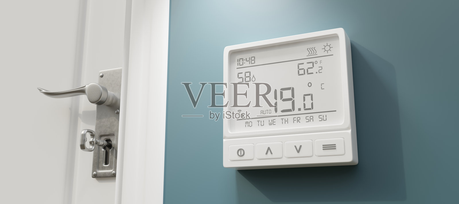 节能的温度。家用恒温器调到19摄氏度。照片摄影图片