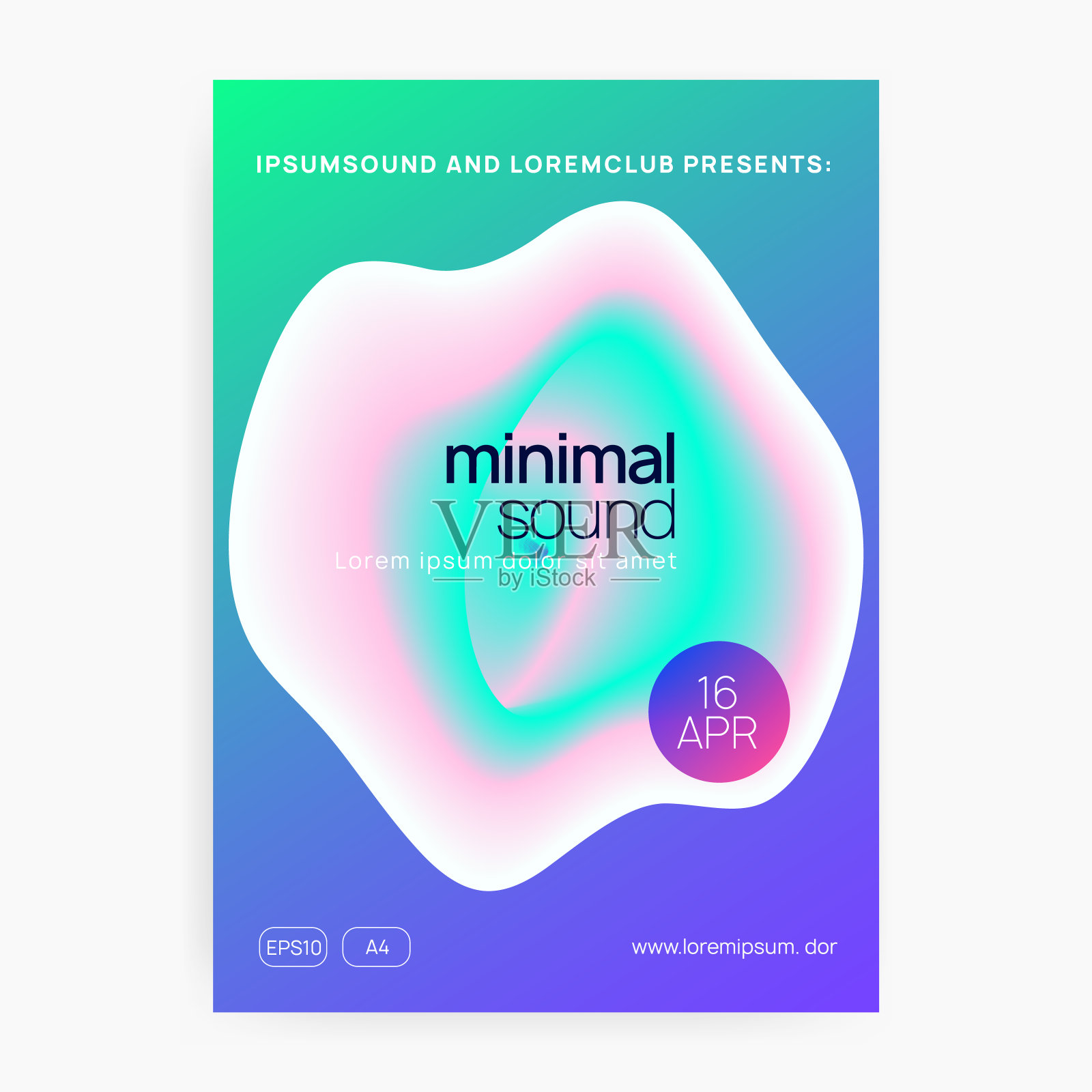 声音的海报。电子和嘉年华形状。独立效果为集。明亮的恍惚电影节。创意模式的邀请布局。粉红色和绿松石色的声音海报插画图片素材