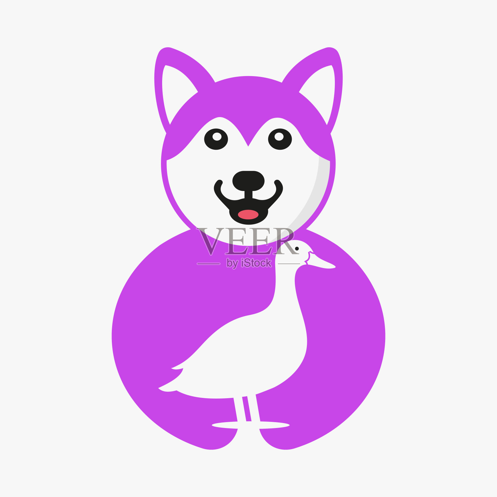 哈士奇鸭标志负空间概念矢量模板。哈士奇抱鸭符号插画图片素材