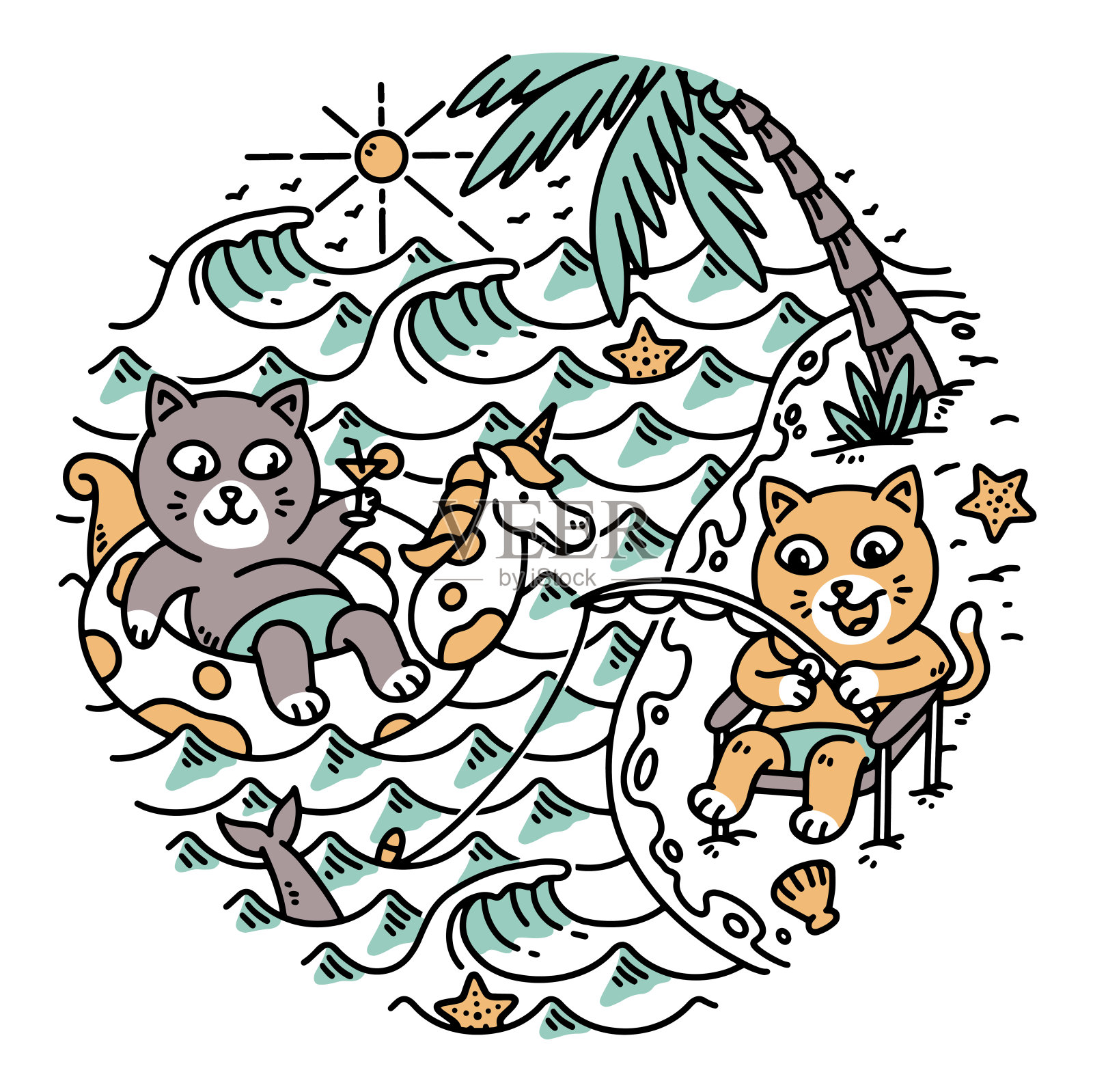 可爱的猫咪在海滩上活动插画图片素材