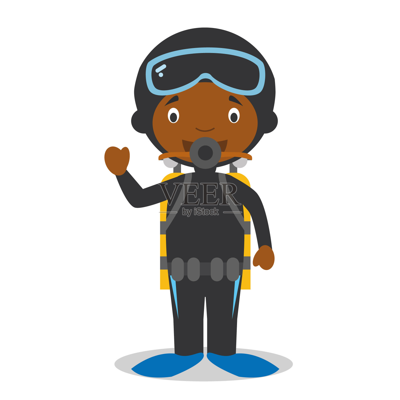 可爱的卡通矢量插图的黑人或非裔美国人潜水员。插画图片素材