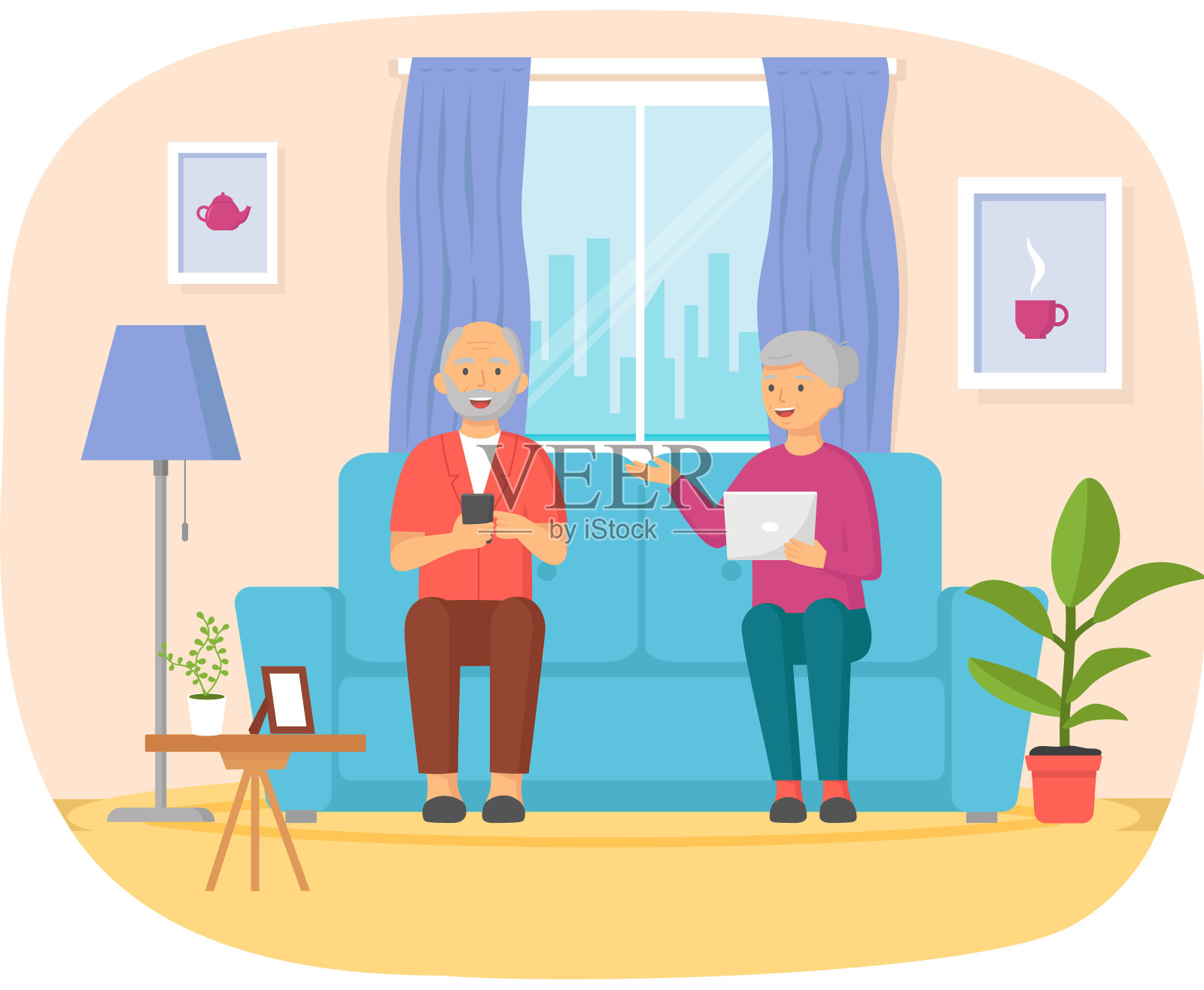 老人玩电子游戏。拥有不同小工具的老年人。年长的计算机教育插画图片素材