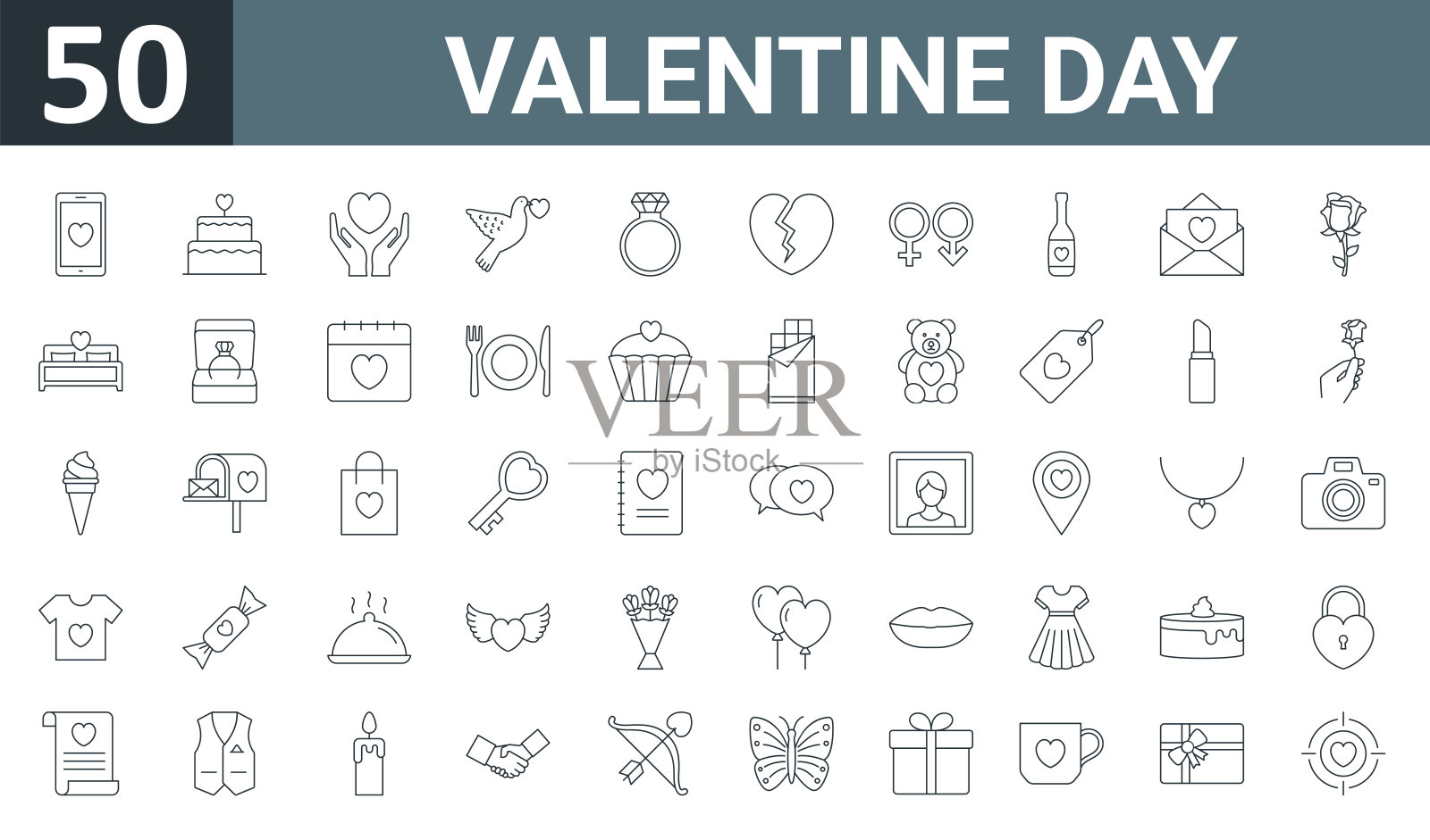 一套50轮廓网情人节图标，如移动，蛋糕，心，爱情鸟，钻石戒指，破碎的心，性别矢量瘦图标的报告，演示，图表，网页设计，移动应用程序。图标素材