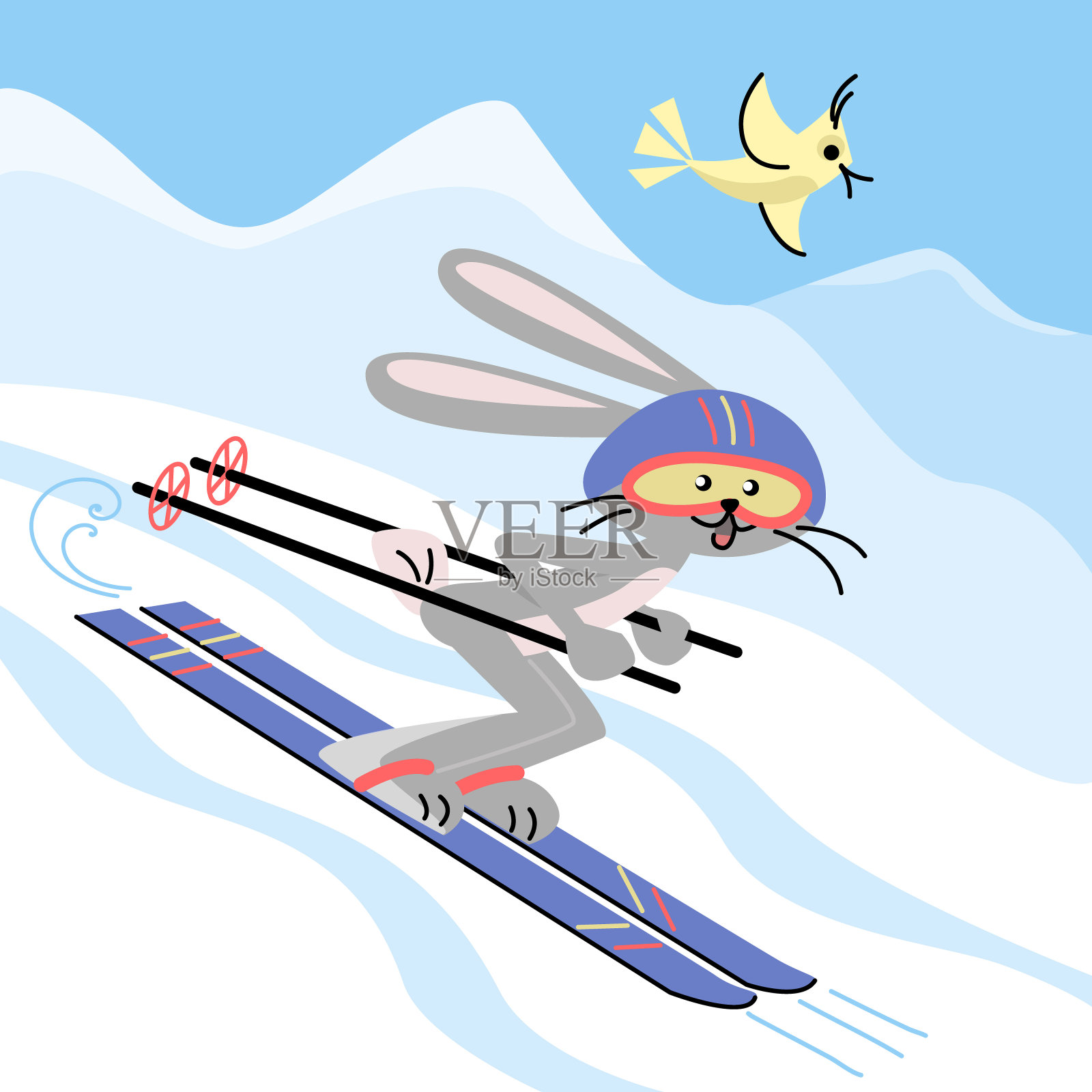 兔子滑雪下坡插画图片素材