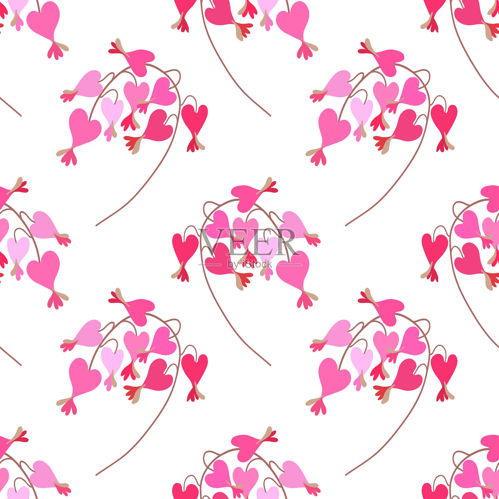 流血的心。荷色牡丹鲜花花束。花卉无缝模式。插画图片素材