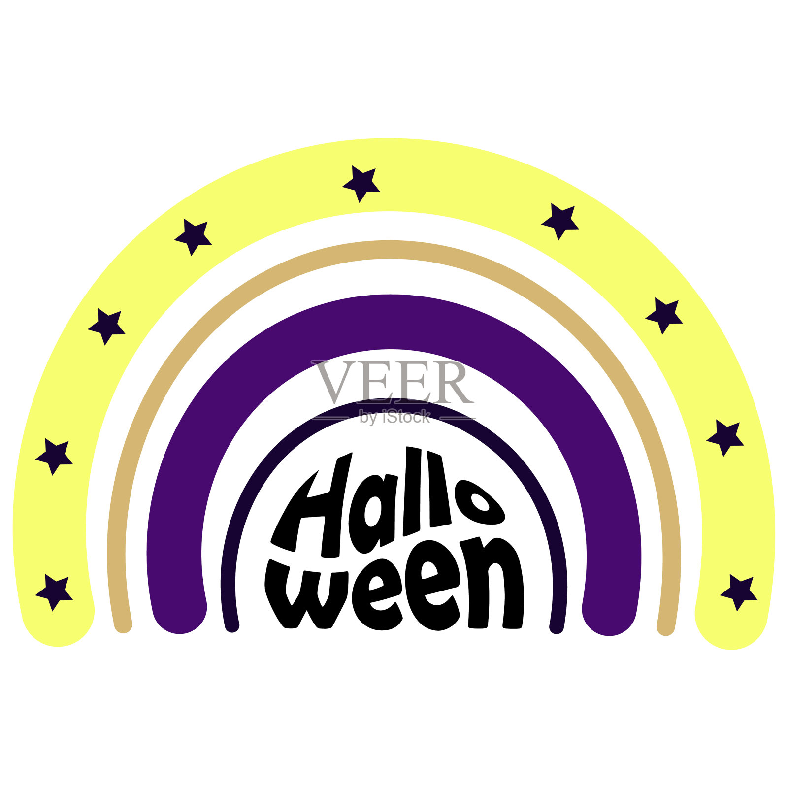 万圣节彩虹带星星。可爱的手绘图标庆祝阴森的夜晚。背景矢量图。万圣节的颜色。设计海报，卡片或横幅。插画图片素材