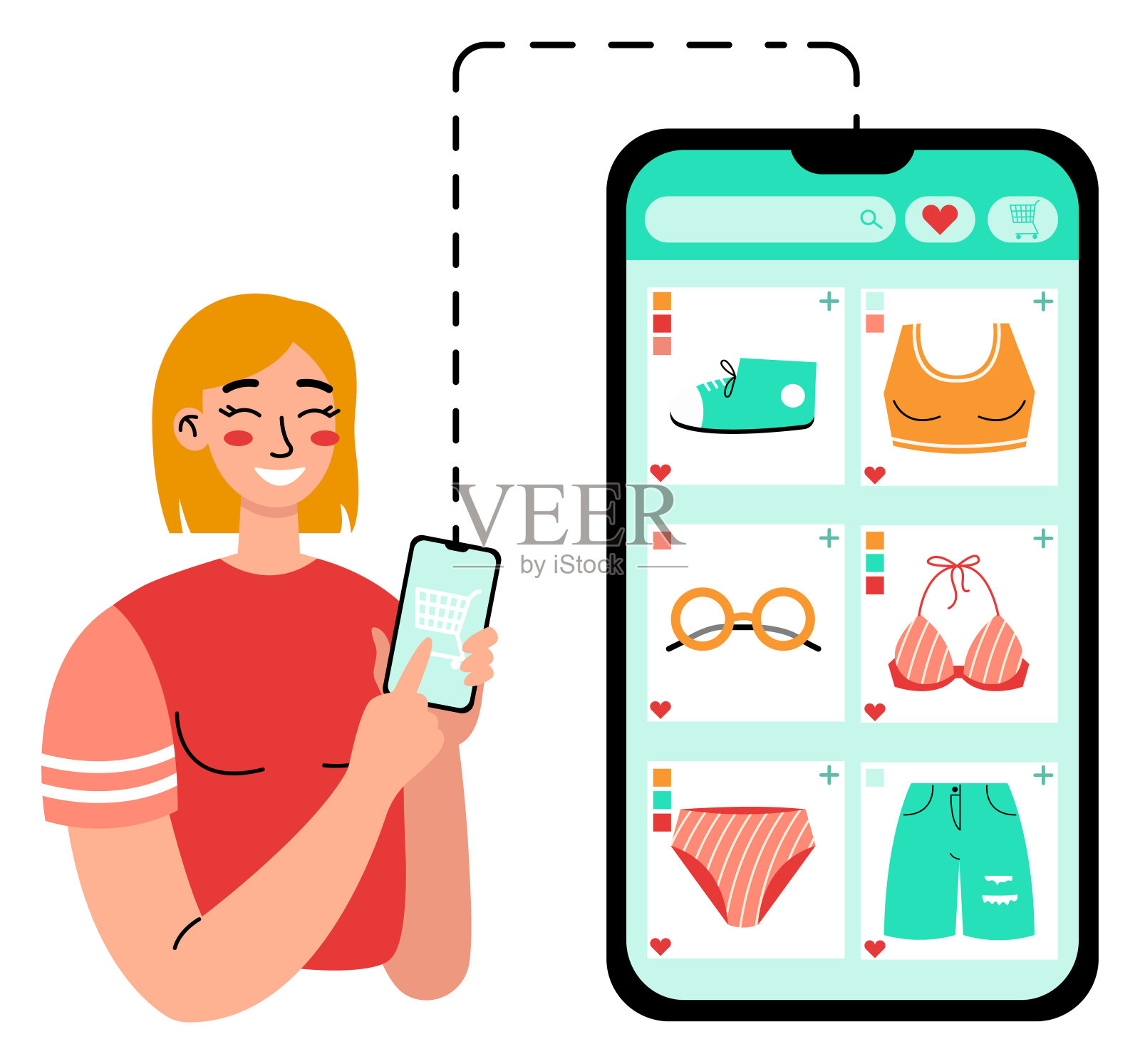 网上服装订单。女人用app和手机网购。插画图片素材