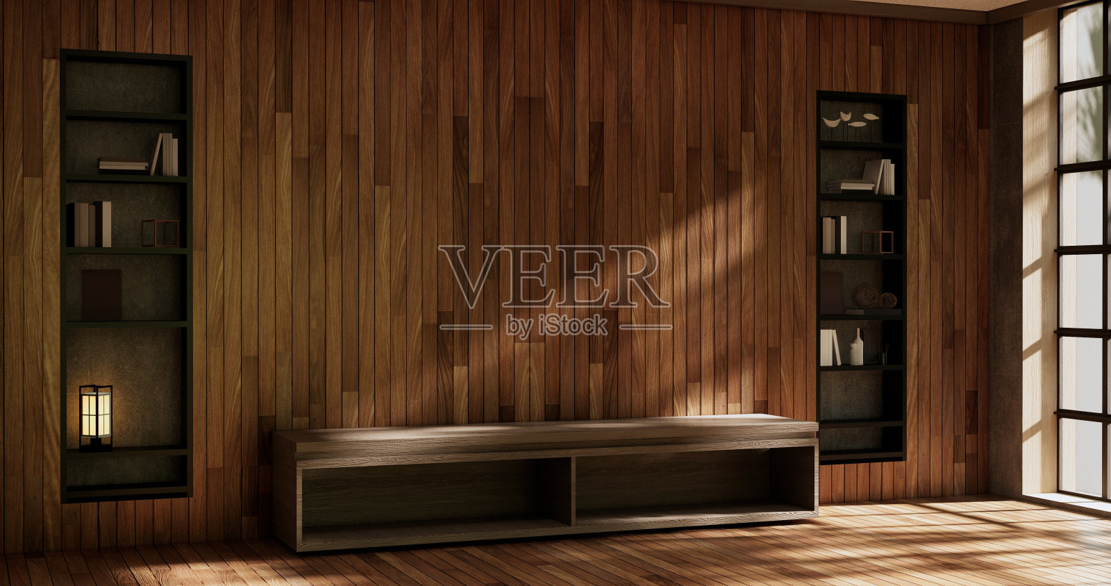 空木柜上的木质房间具有热带风格。三维渲染照片摄影图片