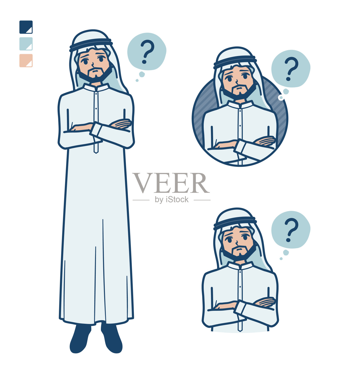 一个穿着白色服装的阿拉伯人，上面有疑问的图像插画图片素材