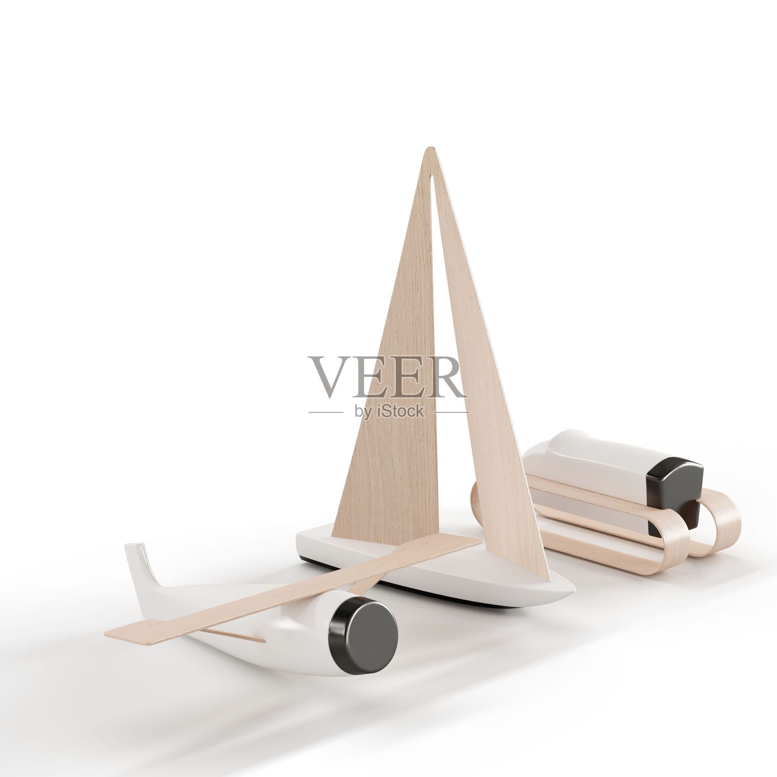 特写实木雕塑推土机，飞机和帆船孤立在白色背景照片摄影图片
