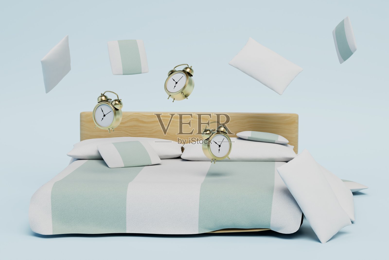 早安的概念。闹钟在床上，枕头在白色的背景上飞舞。三维渲染照片摄影图片