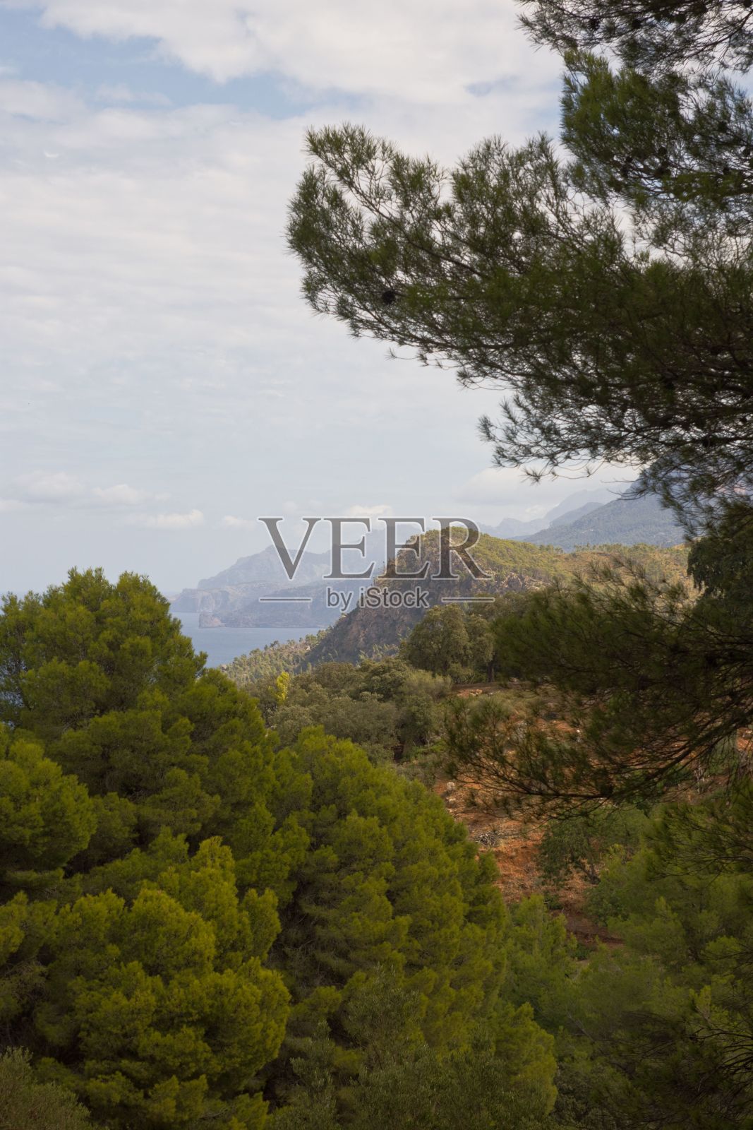 垂直拍摄的乡村Serra de Tramuntana山脉在马略卡岛，西班牙照片摄影图片