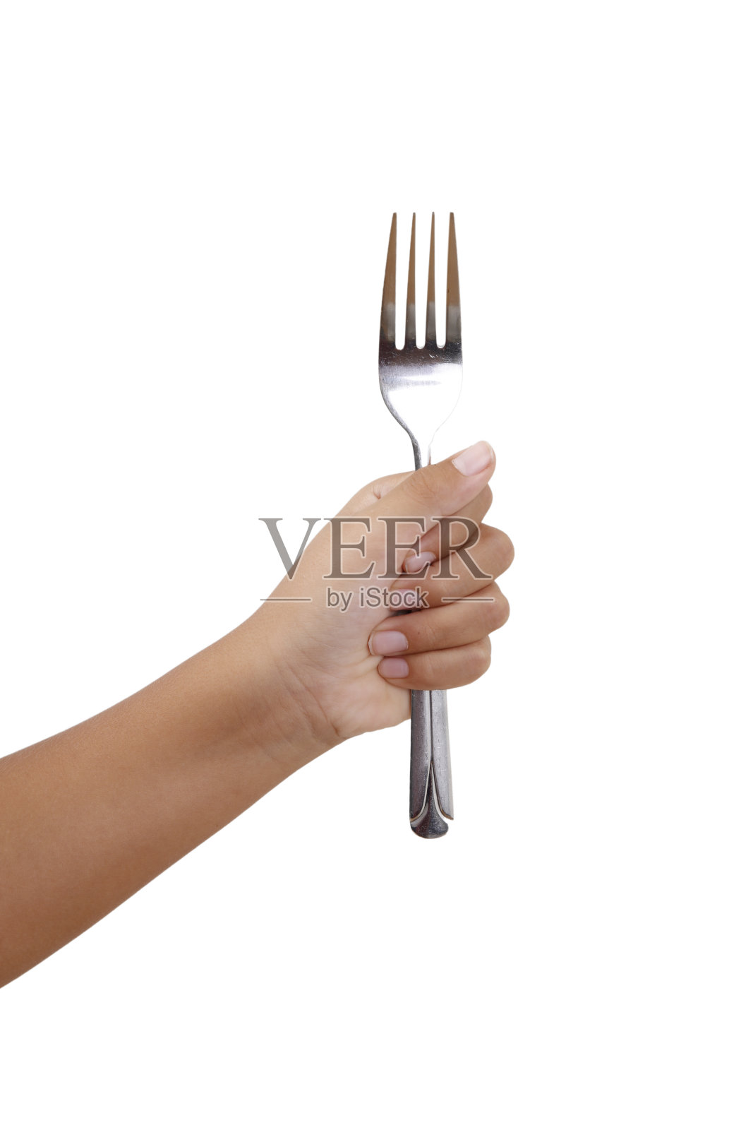 特写手握叉子在白色背景。照片摄影图片