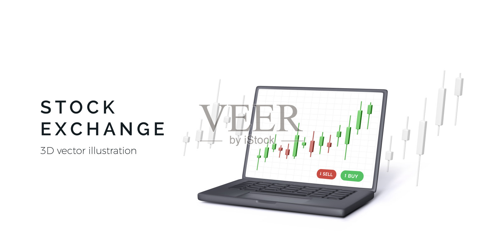 3D渲染笔记本电脑与烛台图在屏幕上。股票交易所交易概念。横幅的业务模板插画图片素材