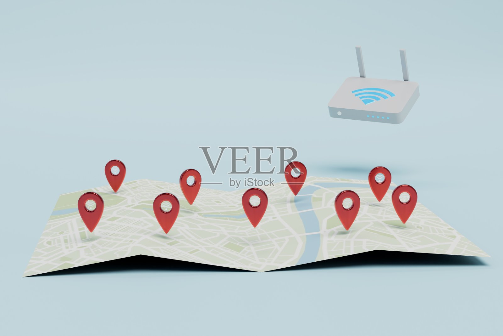 你需要在地图上分配Wi-Fi的地址。地图与JPS点和路由器在白色背景。三维渲染照片摄影图片