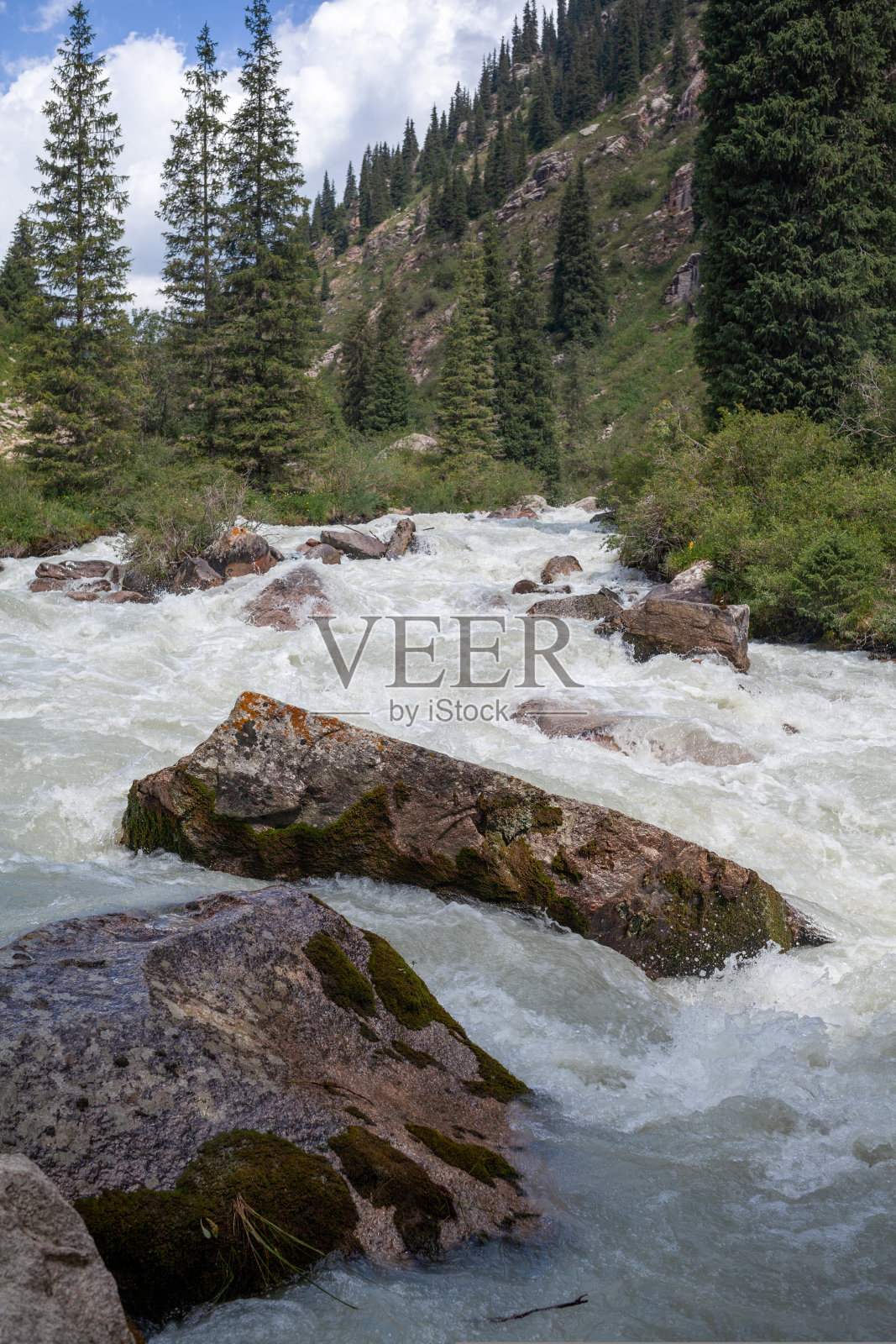 一条乳白色的美丽的山间激流河在中间快速流动照片摄影图片