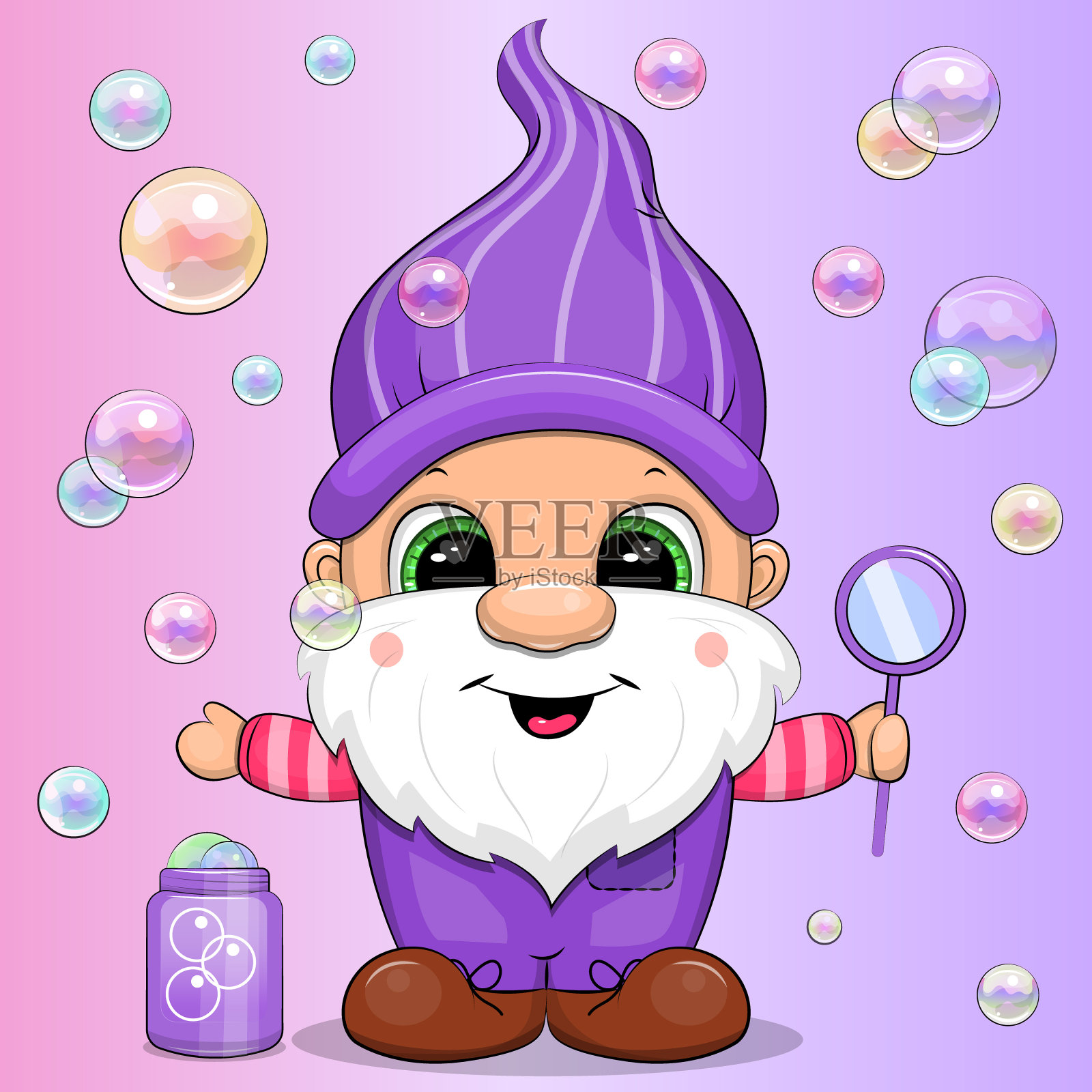 可爱的卡通侏儒正在吹泡泡。插画图片素材