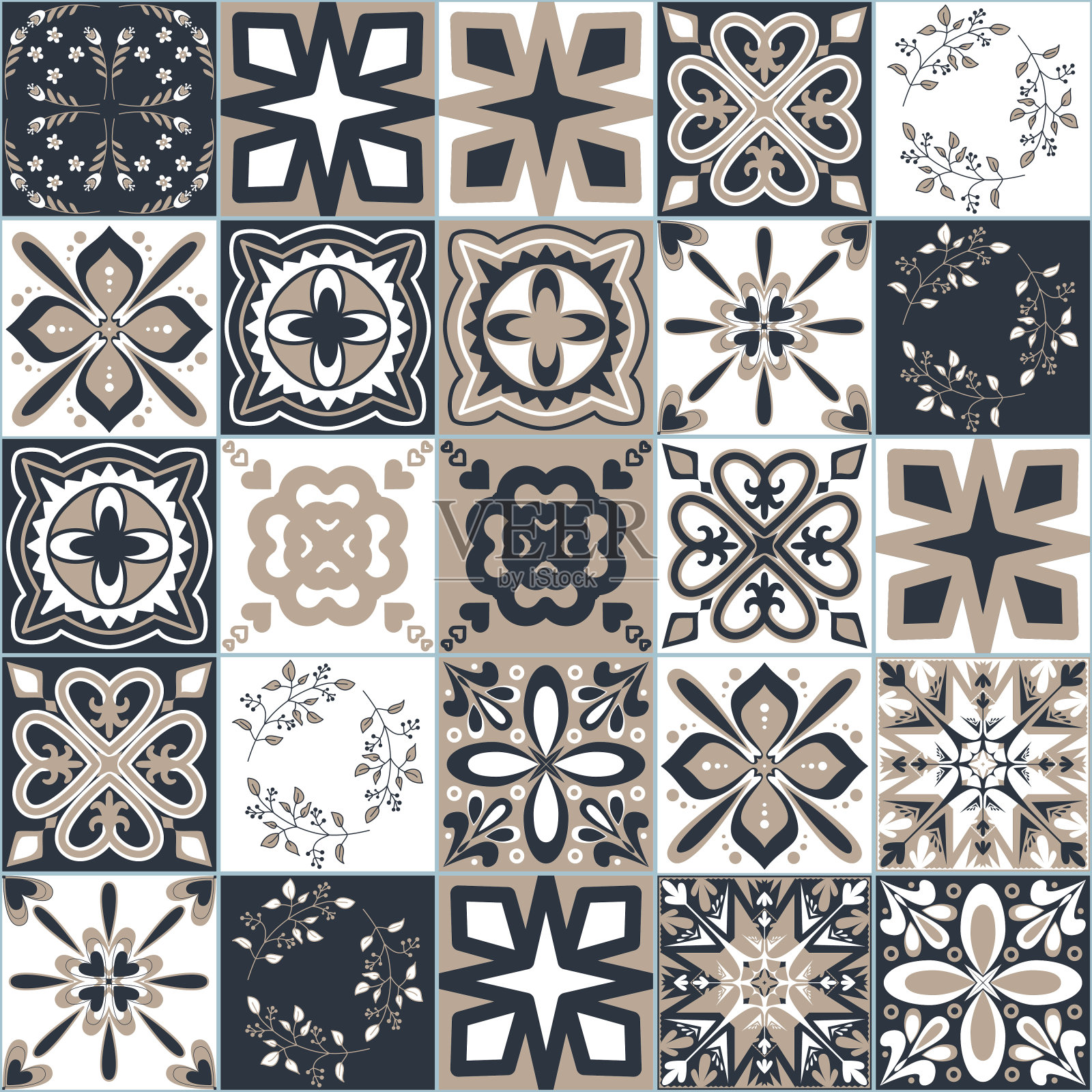 Azulejo传统西班牙陶器，方形Azulejo瓷砖，矢量插画装饰无缝图案插画图片素材