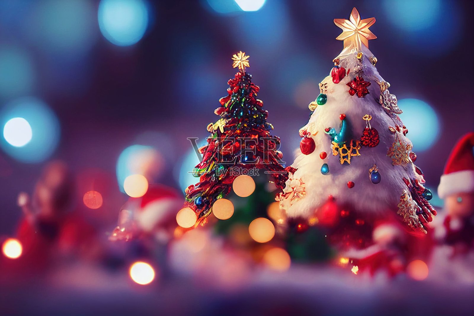 两棵装饰着装饰品的小圣诞树的插图照片摄影图片