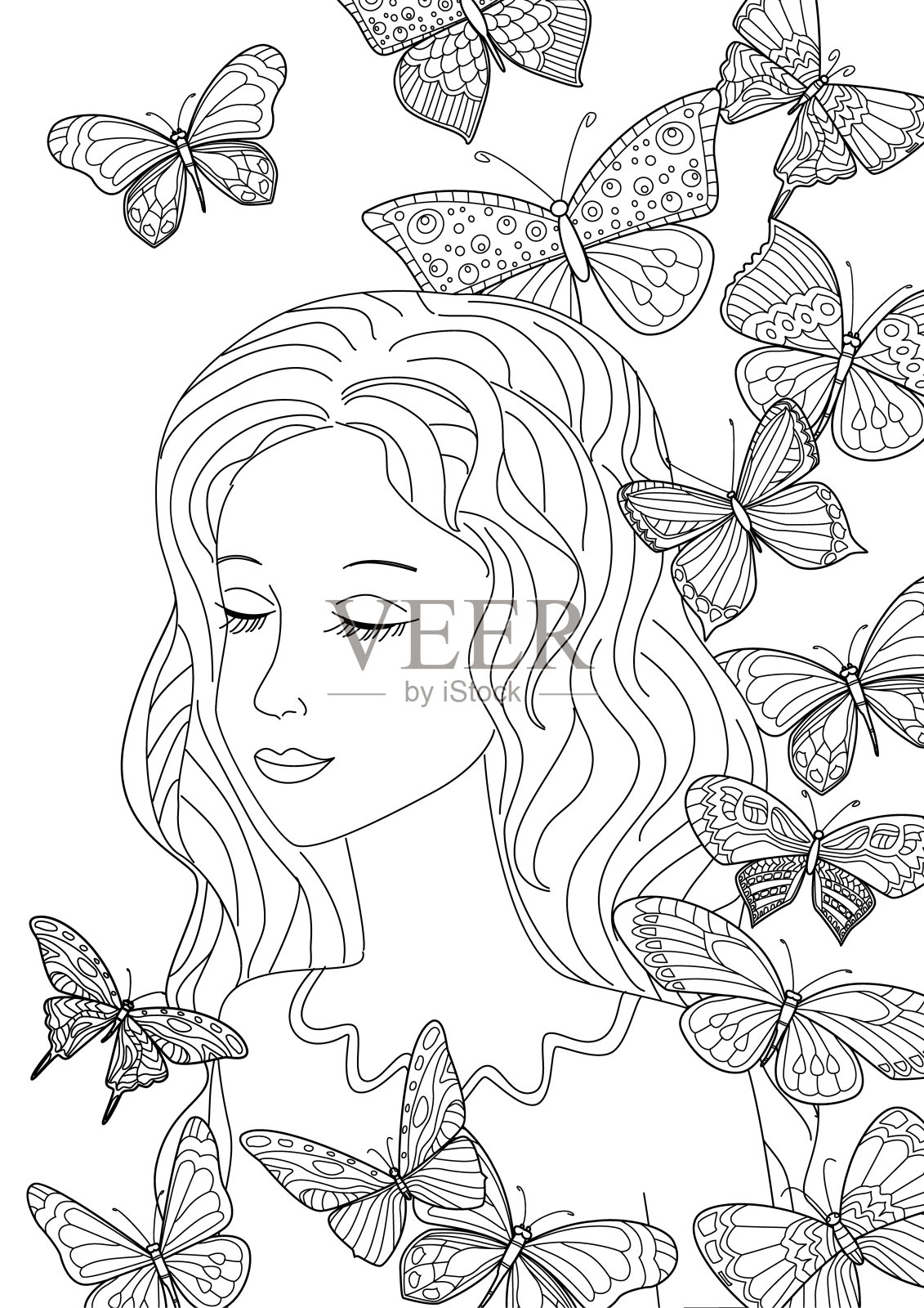 快乐的女孩和飞翔的蝴蝶为你的涂色页插画图片素材