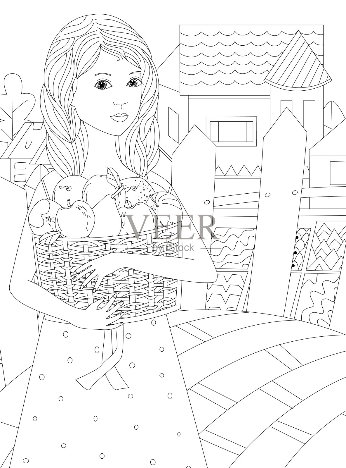 漂亮的小女孩波浪的头发在波点连衣裙抱着篮子水果对农村景观与围栏。为你的涂色书画女性肖像插画图片素材