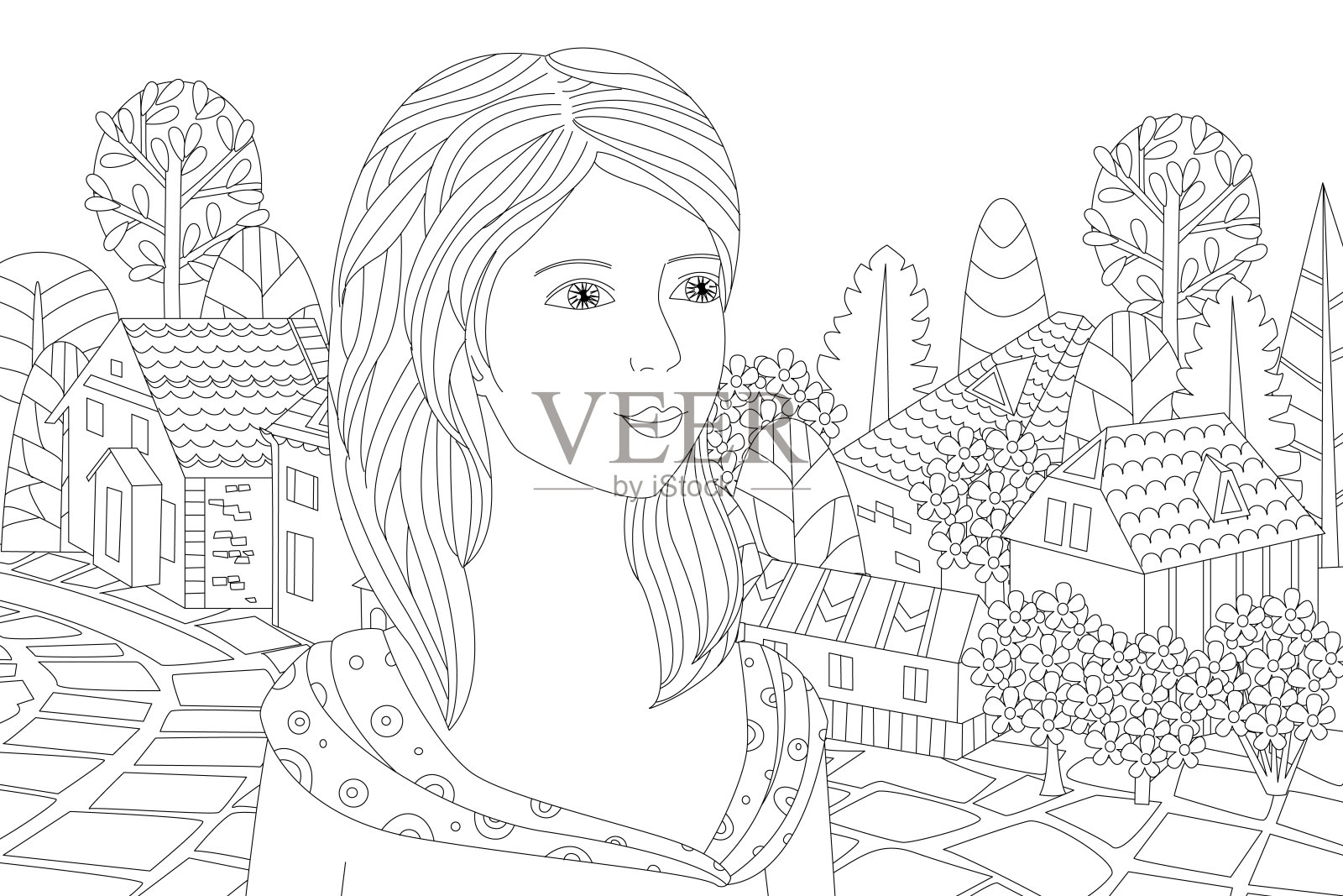 漂亮的女孩站在一边，看着可爱的城市风景，为你的涂色书插画图片素材