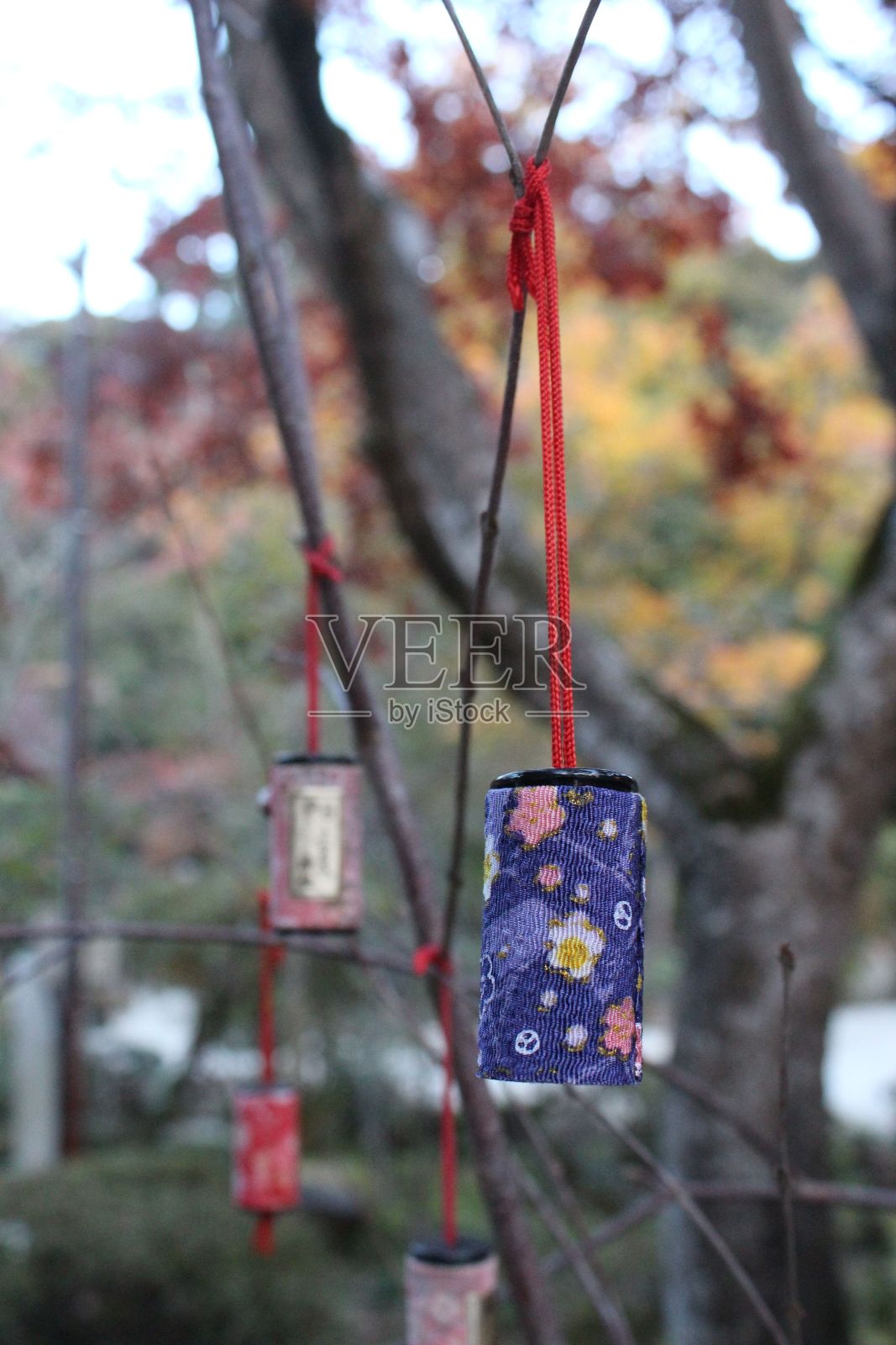 垂直拍摄挂在树上的装饰品在日本京都的寺庙附近照片摄影图片