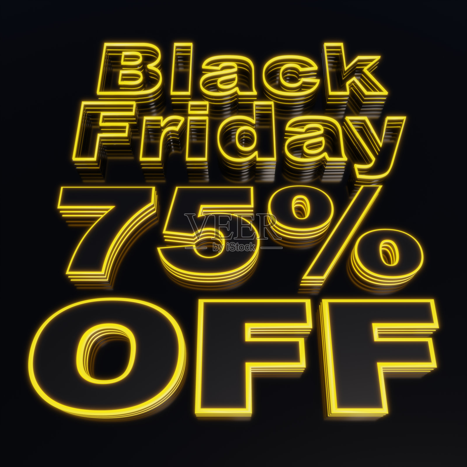 文字的3d渲染说“黑色星期五”和“75%的折扣”，黑色风格与黄色霓虹灯，黑色背景，黑色星期五优惠，75%的折扣。照片摄影图片