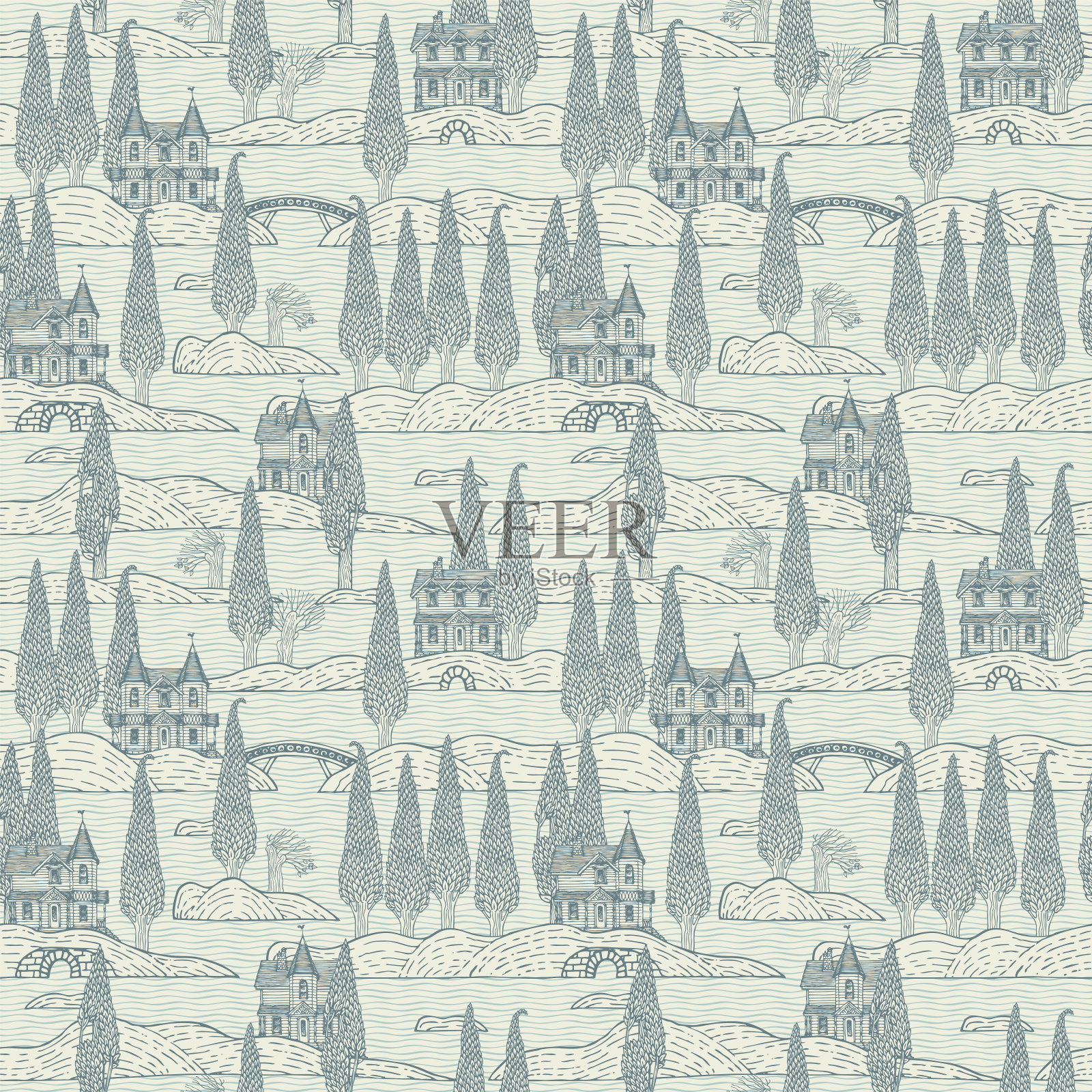 与老房子，树木，岛屿和桥梁无缝的模式插画图片素材