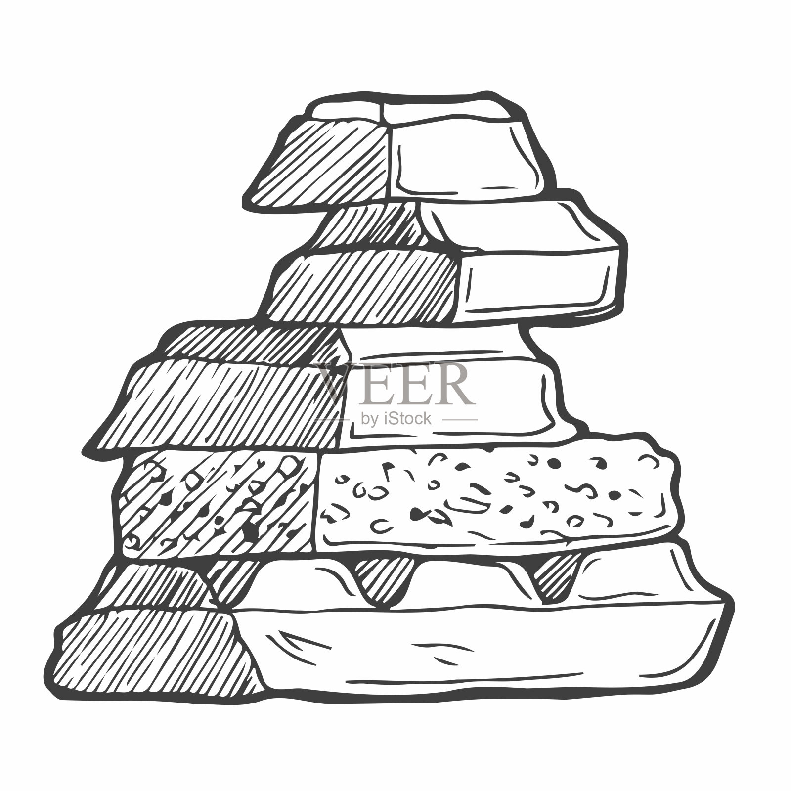 手绘巧克力。手工绘制的巧克力棒碎块，诱人的写实绘画。说明巧克力棒在白色背景。插画图片素材