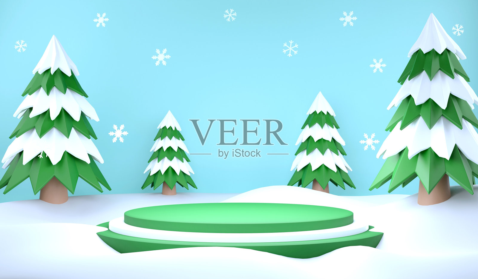 3D渲染冬季和蓝色背景的讲台，3D插图圣诞树和雪地照片摄影图片