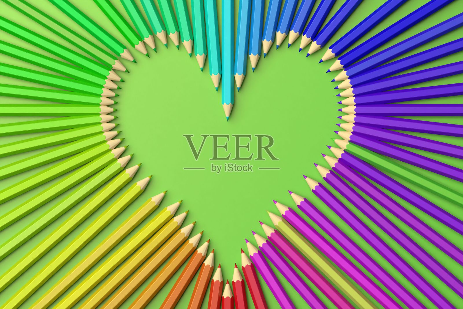 3d渲染彩色铅笔心形，绿色背景。回到学校时间照片摄影图片