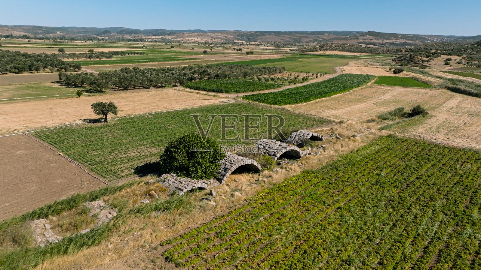 晴朗天气下的田野鸟瞰图，村庄田野中的河流，田野背景，晴朗夏日傍晚绿色耕地和远处村庄房屋的鸟瞰图照片摄影图片