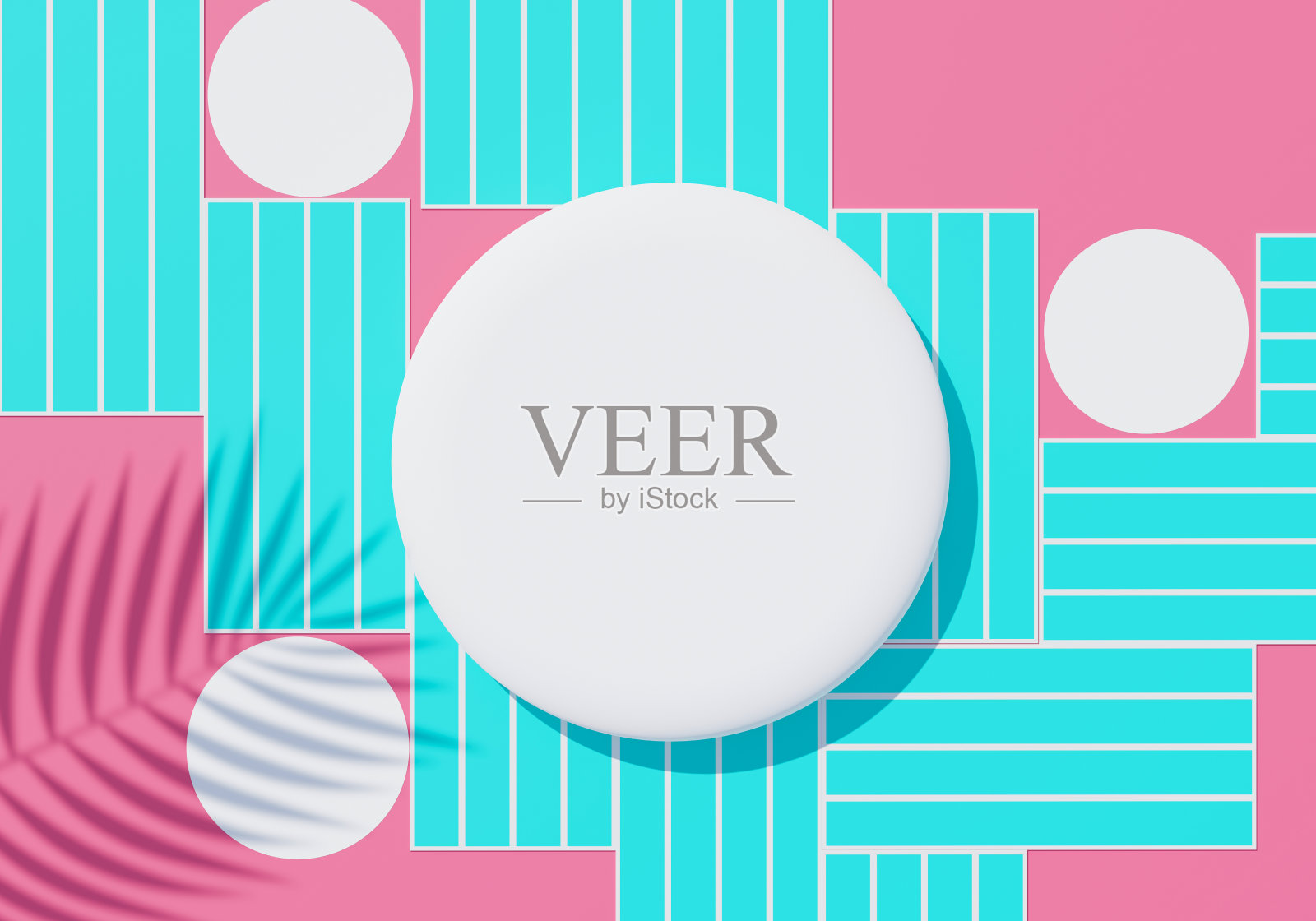 白色空白圆柱形框架的3d渲染顶视图，用于模拟和展示棕榈叶、大地色调和紫色墙壁背景的阴影产品。创意概念。寡妇的影子。照片摄影图片