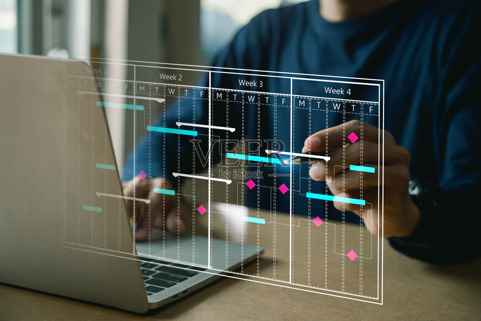 项目管理的概念，分析人员在管理系统中使用计算机制作与数据库连接的KPI和指标的报告。照片摄影图片