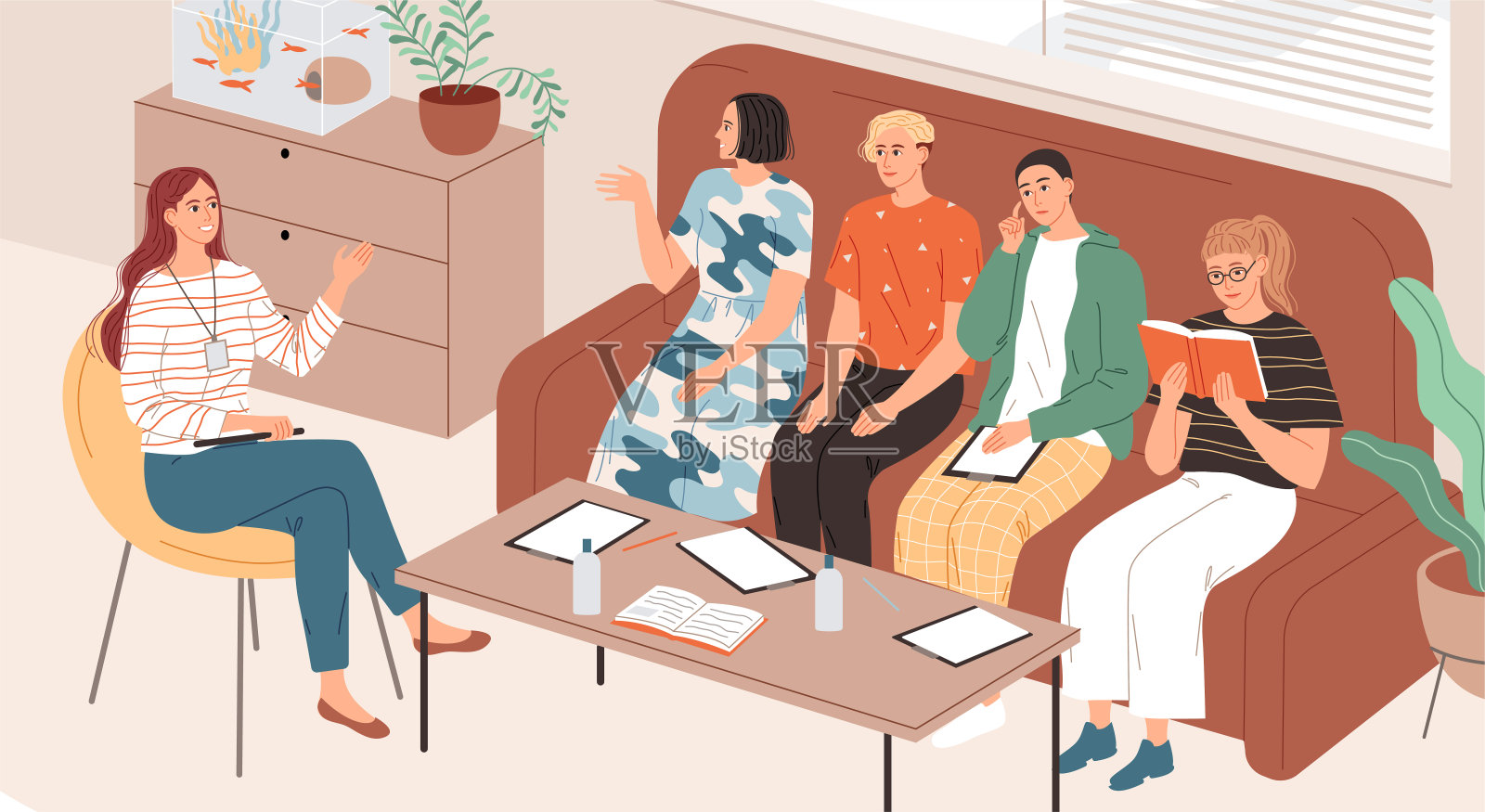 一个女人和一群坐在沙发上的年轻人说话。插画图片素材