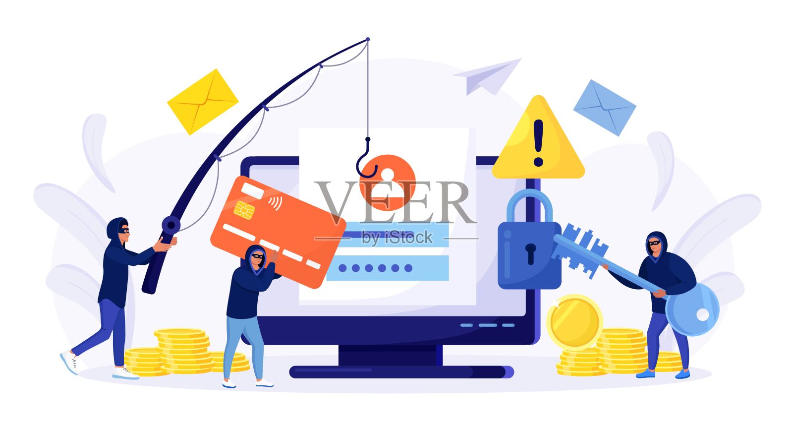 网络犯罪网络钓鱼窃取私人个人资料，凭证，密码，银行文件和信用卡。小型匿名黑客攻击电脑，侵入电子邮件。网络犯罪，黑客攻击插画图片素材