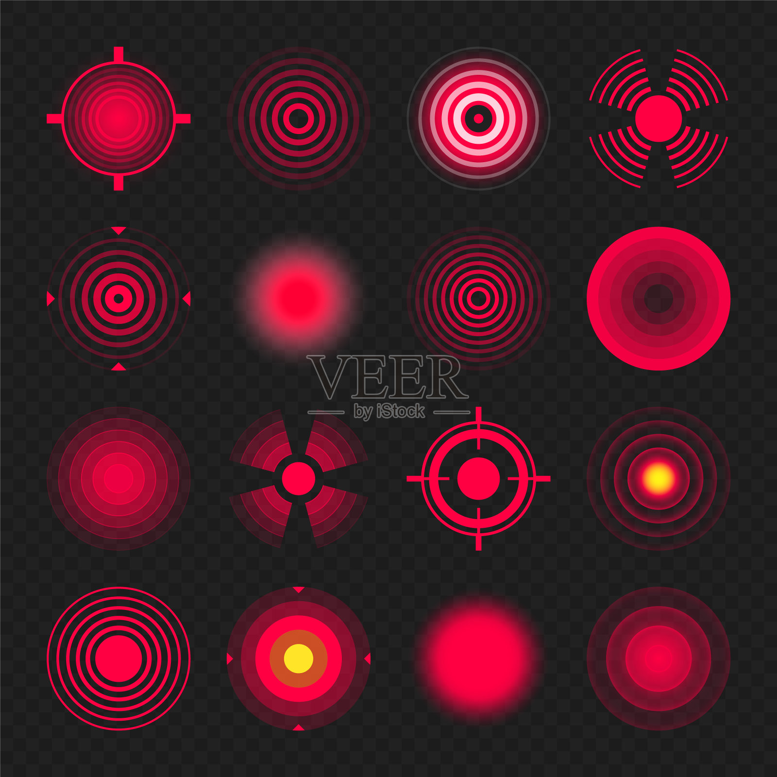 疼痛定位标志。痛的地方，痛的地方。红圈,目标。头痛，身体部位擦伤。背部，颈部，肌肉疼痛的象征。医疗广告，医疗信息。矢量插图。插画图片素材