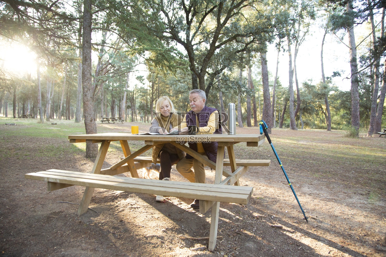 坐在野餐区规划路线的徒步旅行者照片摄影图片