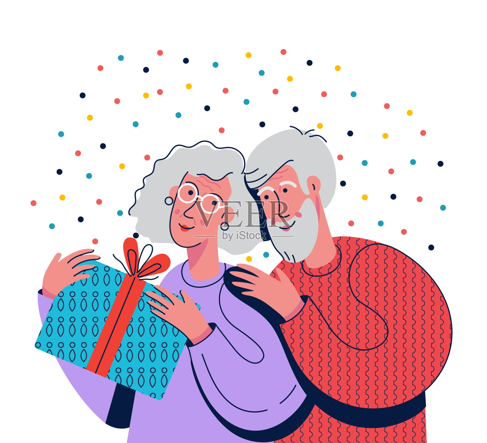 幸福的老年夫妇拥抱。年迈的夫妻带着礼物。老男人和老女人的可爱场景。生日，妇女节，情人节，节日活动祝贺和惊喜人物插画图片素材