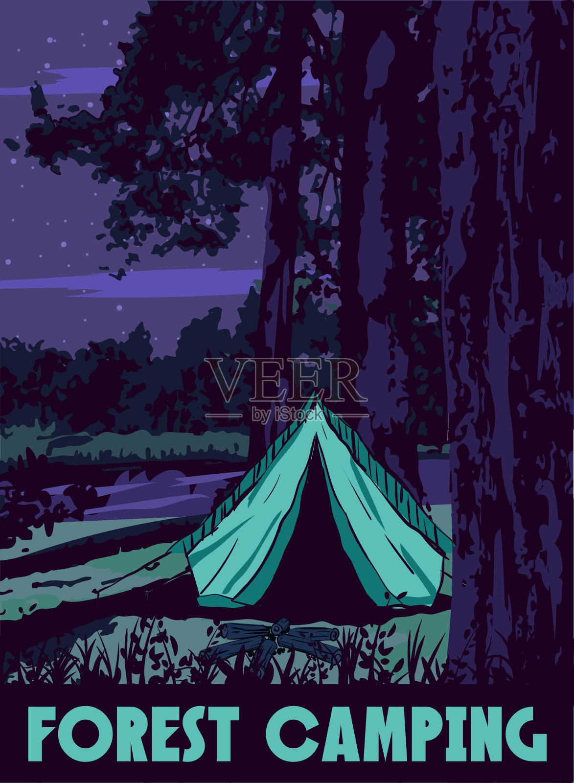 森林露营海报复古，夜间露营户外旅行。旅游徒步夏季森林，矢量插图插画图片素材