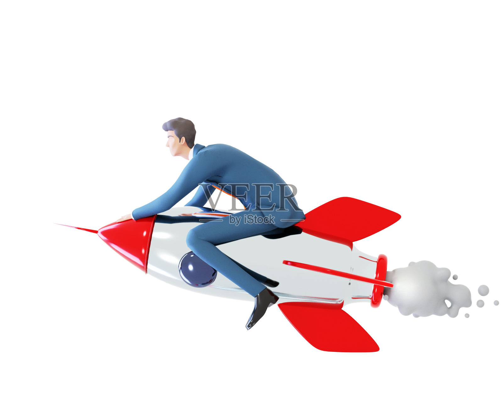 成功的商人与火箭一起飞行。创业，成功，控制和支持理念。3 d渲染图照片摄影图片