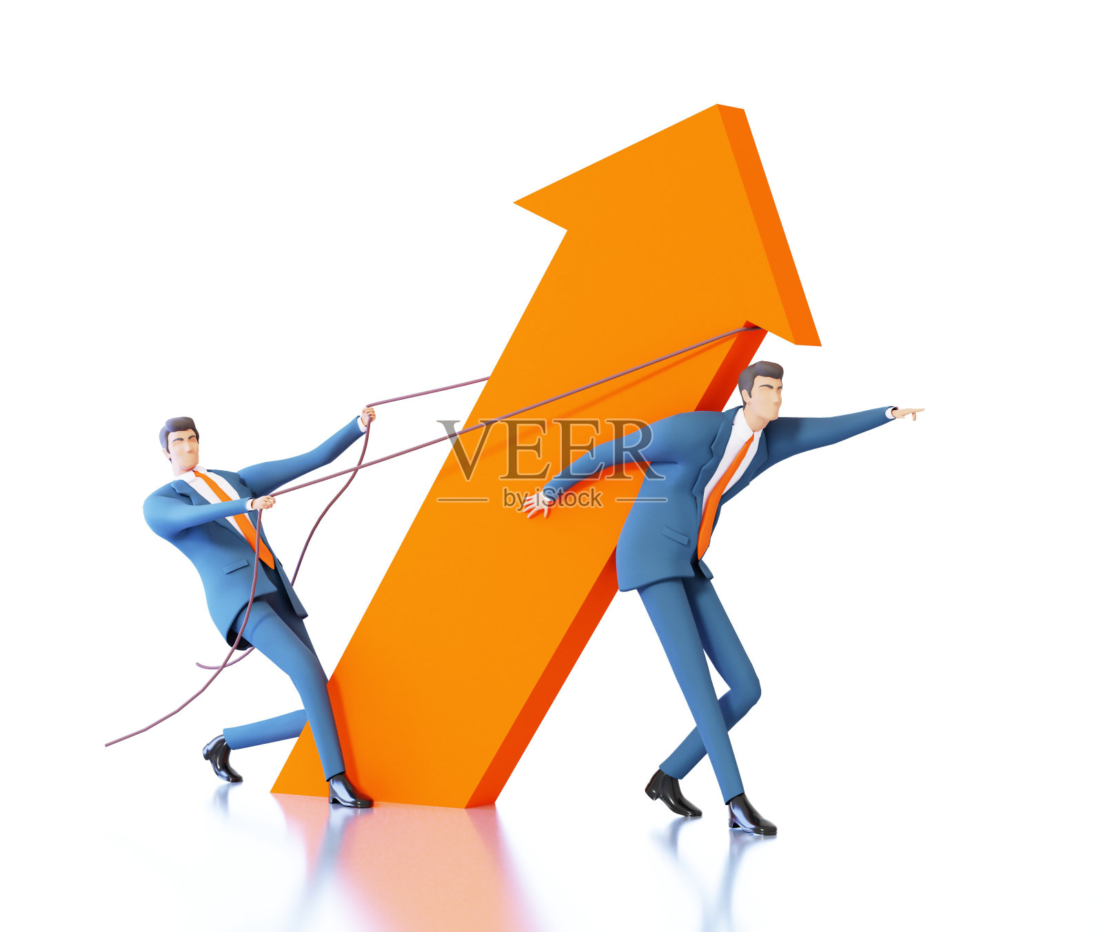 两个西装革履的成功商人拉起大箭头。解决问题，帮助和支持想法。3 d渲染图照片摄影图片