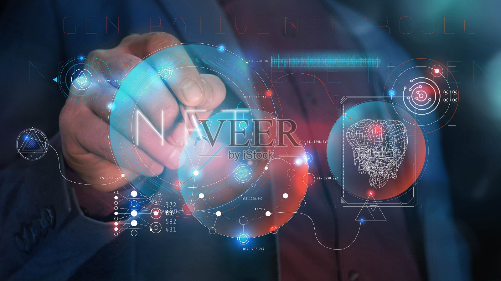 一名男子在虚拟非ft面板上工作。照片摄影图片