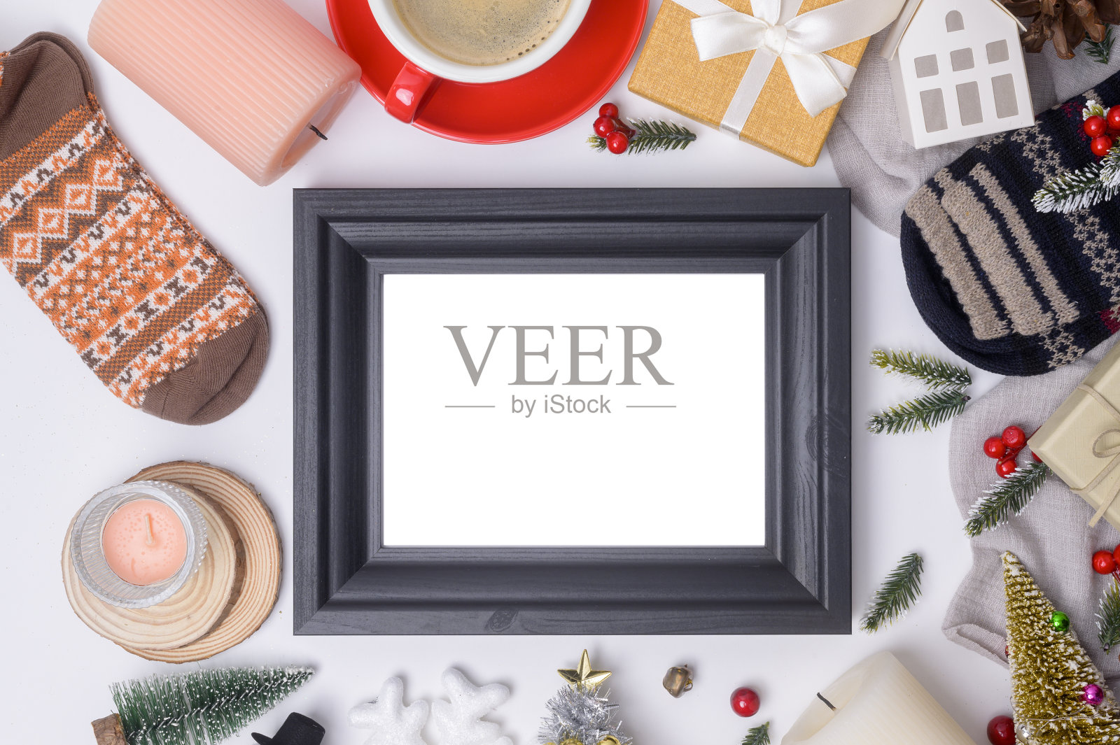 俯视图圣诞平铺装饰白色背景照片摄影图片