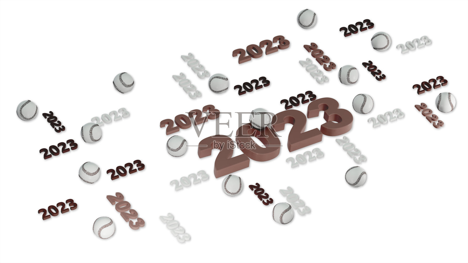 许多2023年的棒球设计与几个球在白色照片摄影图片