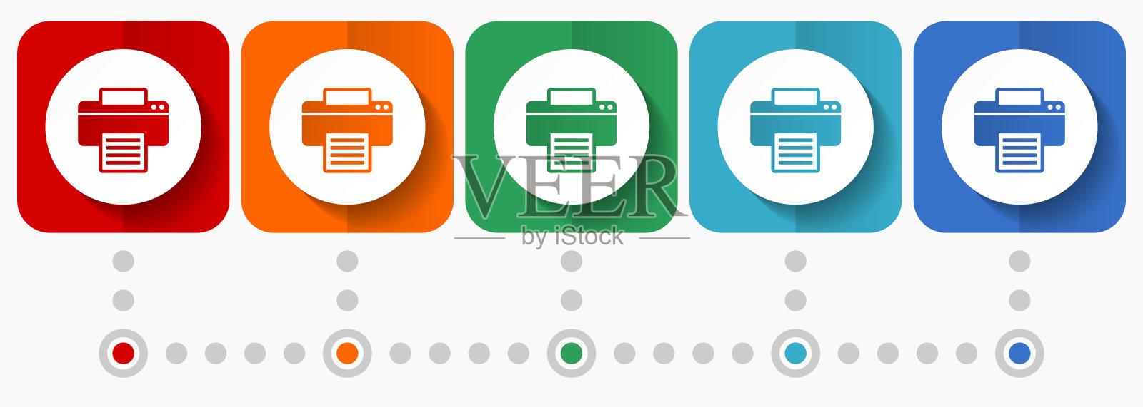 打印机，打印，办公室矢量图标，信息图形模板，一套平面设计符号在5种颜色的选项图标素材