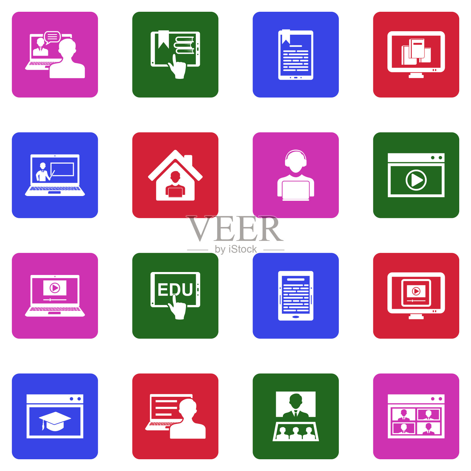 电子学习图标。方形中的白色平面设计。矢量插图。图标素材