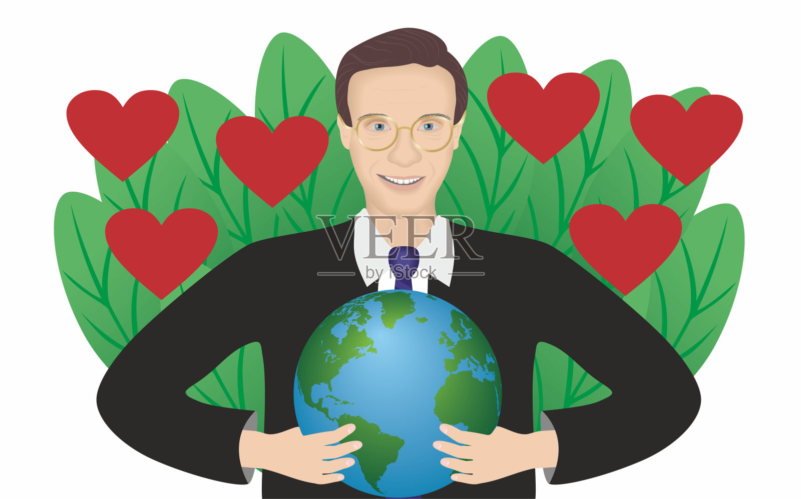 商人控制着地球。背景是树叶和心形。矢量插图。插画图片素材